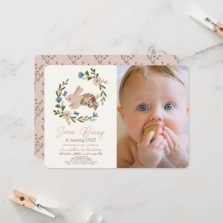 Some Bunny Floral Wreath 1st Birthday Photo Invitation