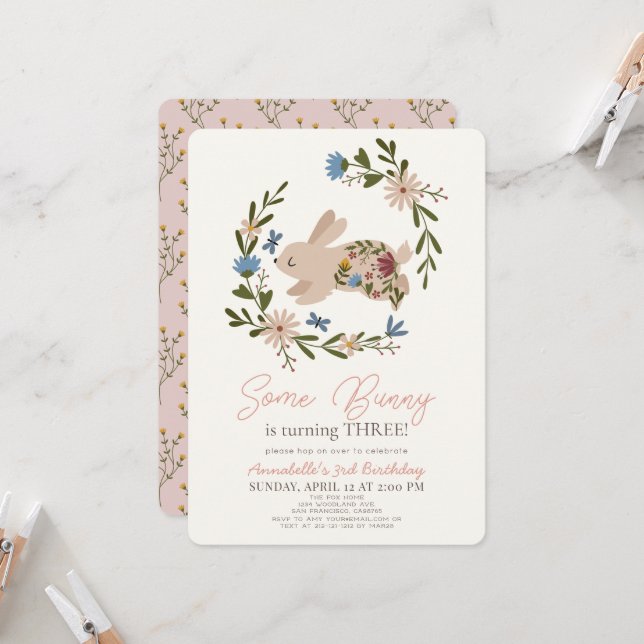 Some Bunny Floral Wreath Birthday Invitation (Front/Back In Situ)
