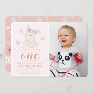 Some Bunny Flower Crown Girl 1st Photo Birthday Invitation