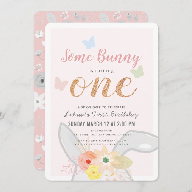 Some Bunny Girl Pink Grey Floral 1st Birthday Invitation (Front/Back)