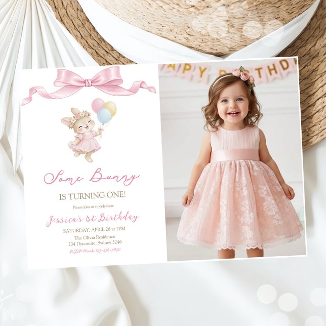 Some Bunny Girl Pink is Turning One Birthday Photo Invitation (Creator Uploaded)