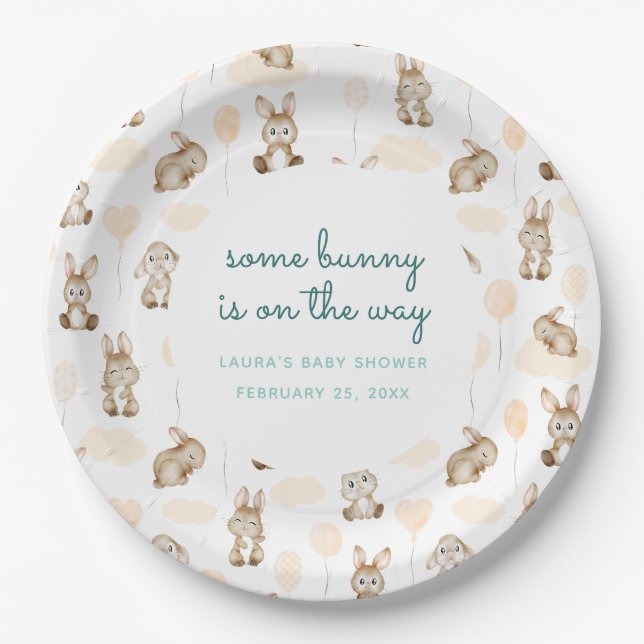 Some Bunny Is On The Way Blue Baby Shower Paper Plate (Front)
