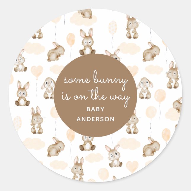 Some Bunny is on the Way Brown Neutral Baby Shower Classic Round Sticker (Front)