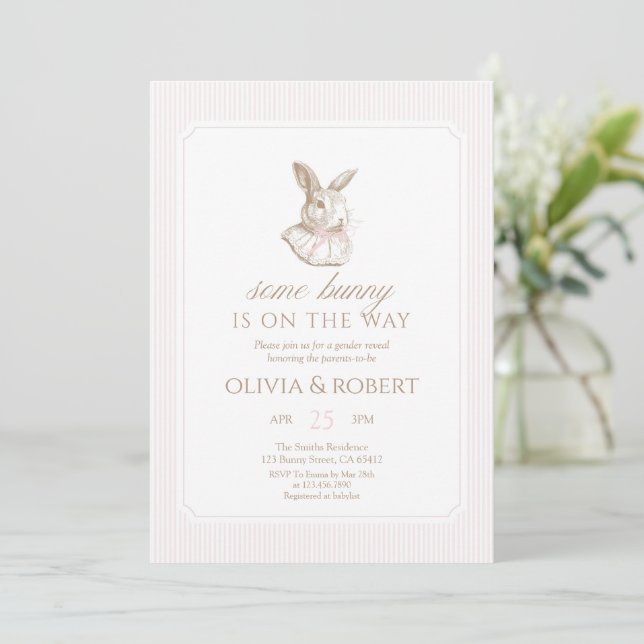 Some Bunny Is On The Way Pink Bow Baby Shower Invitation (Standing Front)