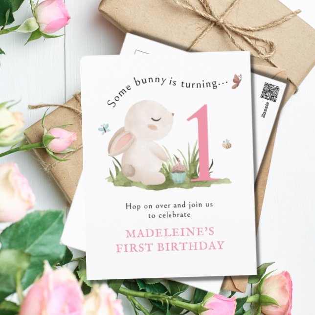 Some Bunny is One 1st Birthday Invitation Postcard (Creator Uploaded)
