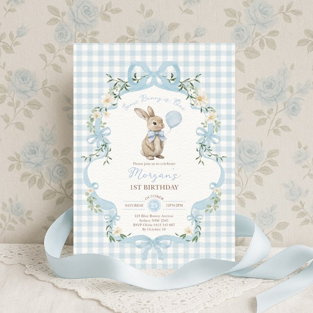 Some Bunny is One Blue Bow Gingham 1st Birthday Invitation (Creator Uploaded)