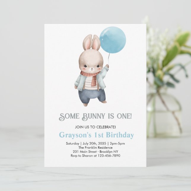 Some Bunny is one Blue Boy Bunny 1st Birthday Invitation (Standing Front)