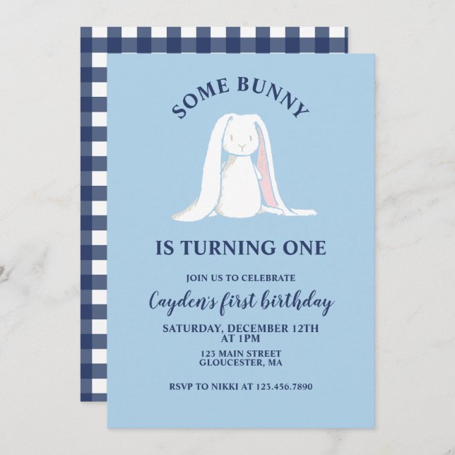 Some Bunny is One blue First Birthday Invitation (Front/Back)