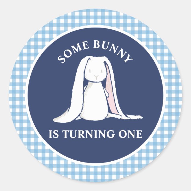Some Bunny is One blue Gingham Birthday Classic Round Sticker (Front)