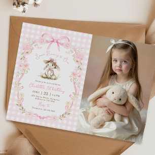 Some Bunny is One Bow Gingham 1st Birthday Photo Invitation