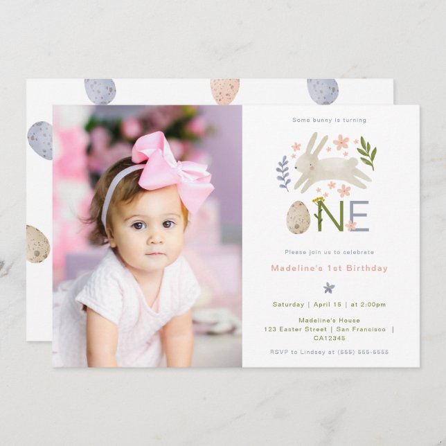 Some Bunny Is One Cute Girl 1st Birthday Photo Invitation (Front/Back)