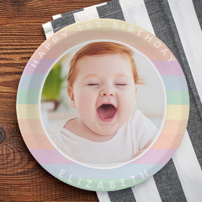 Some Bunny is One Cute Rainbow Birthday Photo Paper Plate (Creator Uploaded)