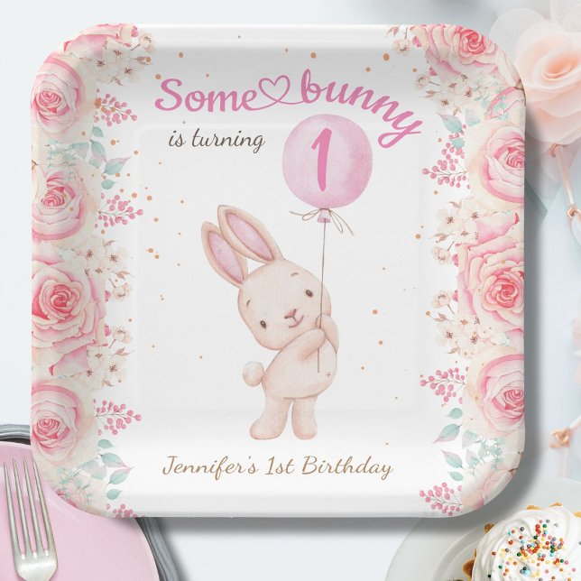 Some Bunny is ONE! Girl Pink 1st Birthday  Paper Plate (Creator Uploaded)