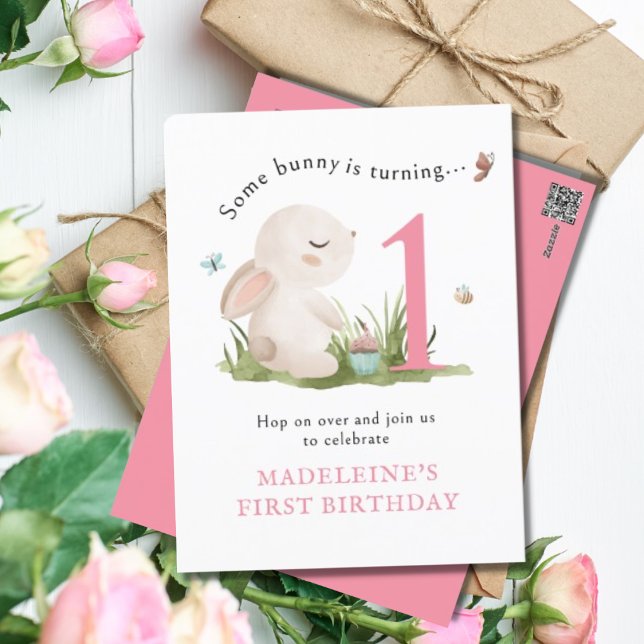 Some Bunny is One Pink 1st Birthday Invitation Postcard (Creator Uploaded)