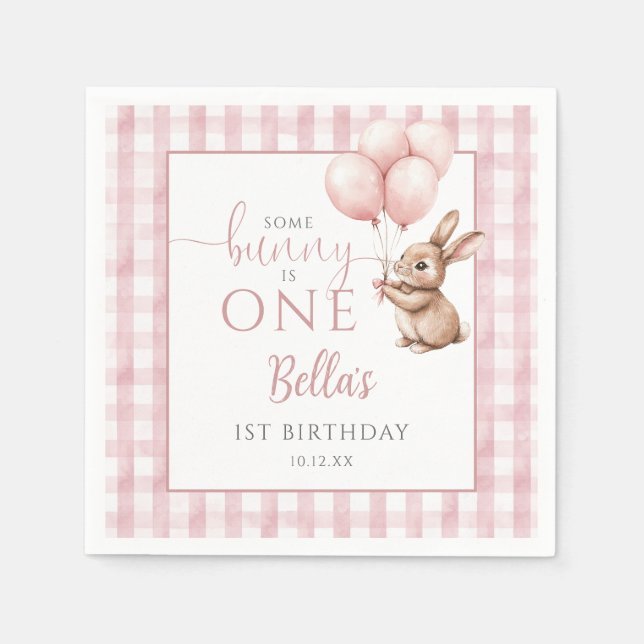 Some Bunny Is One Pink Balloons 1st Birthday Napkin (Front)