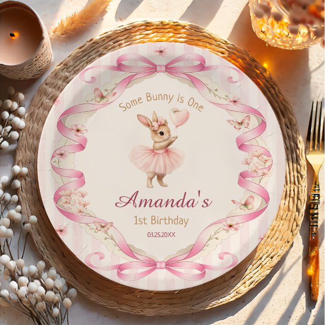 Some Bunny is One Pink Bow Gingham 1st Birthday Paper Plate (Creator Uploaded)
