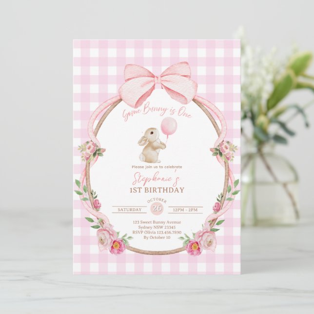 Some Bunny is One: Pink Bow Rabbit First Birthday  Invitation (Standing Front)