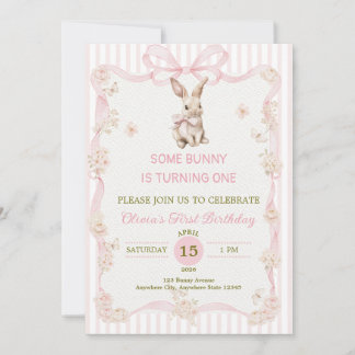 Some Bunny is One: Pink Bow Rabbit First Birthday Invitation