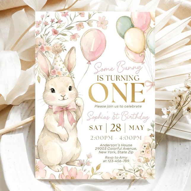 Some Bunny is One, Pink Bow Rabbit First Birthday  Invitation (Creator Uploaded)