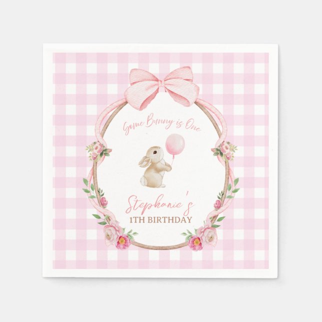 Some Bunny is One Pink Bow Rabbit First Birthday Napkin (Front)