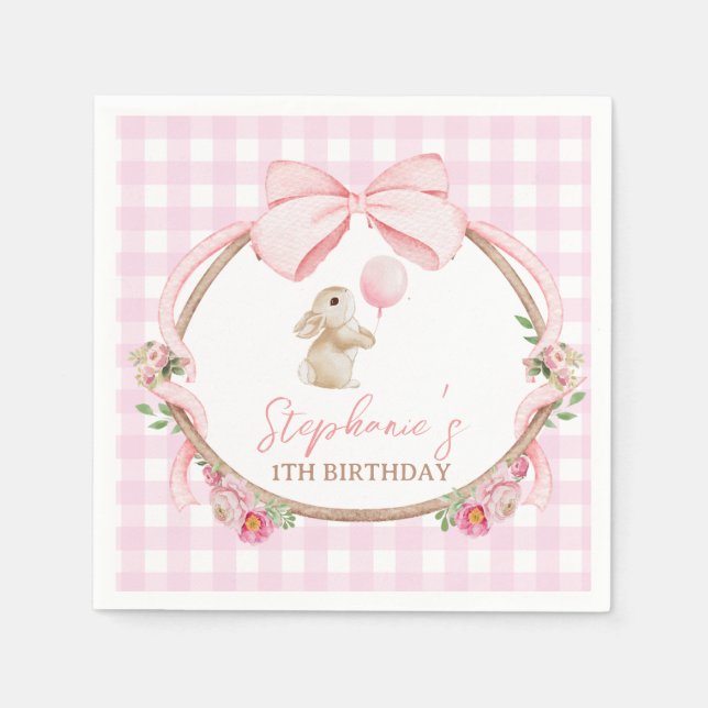 Some Bunny is One Pink Bow Rabbit First Birthday Napkin (Front)