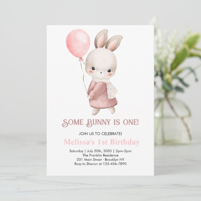 Some Bunny is one Pink Girl Bunny 1st Birthday Invitation (Standing Front)