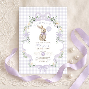 Some Bunny is One Purple Bow Gingham 1st Birthday Invitation