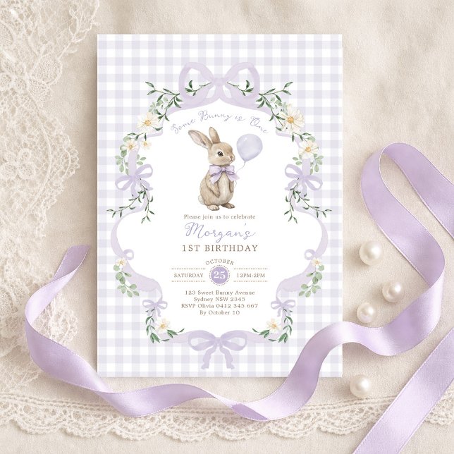 Some Bunny is One Purple Bow Gingham 1st Birthday Invitation (Creator Uploaded)
