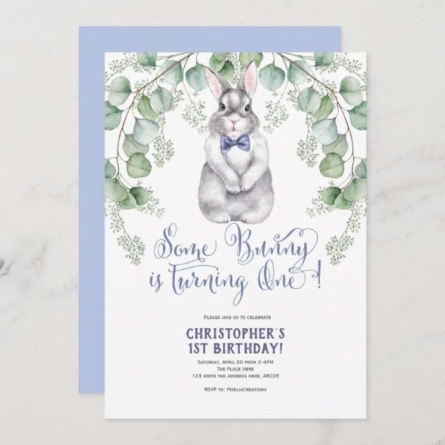 Some Bunny is One, Watercolor, Rabbit, Greenery Invitation (Front/Back)