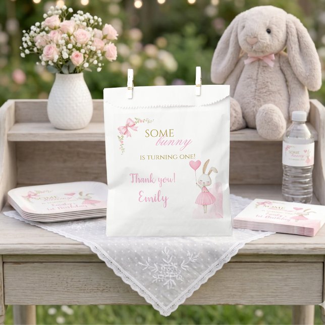 Some Bunny Is Turning One 1st Birthday Girl Bow Favour Bag (Bunny 1st Birthday Favor Bags. Some Bunny is Turning One floral treat bags for party gifts.)
