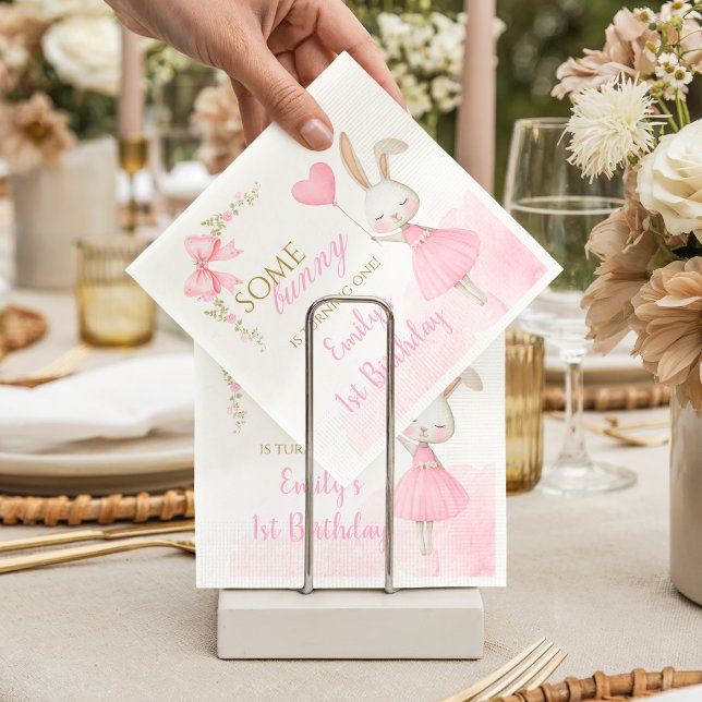 Some Bunny is Turning One 1st Birthday, pink bow  Napkin (Bunny 1st Birthday Paper Napkins. Some Bunny is Turning One elegant pink floral party supplies.)