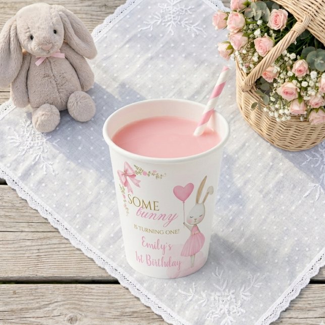 Some Bunny is Turning One 1st Birthday, Pink Bow Paper Cups (Some Bunny is Turning One Disposable Paper Cups. Cute bunny floral 1st birthday party decor.)