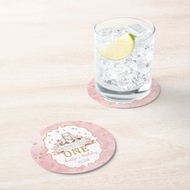 Some Bunny is Turning One 1st Birthday Round Paper Coaster (Insitu)