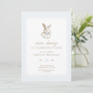 Some Bunny Is Turning One Blue Bow 1st birthday Invitation