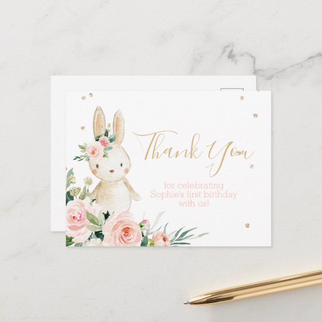 Some Bunny is Turning One First Birthday Thank You Postcard (Front/Back In Situ)