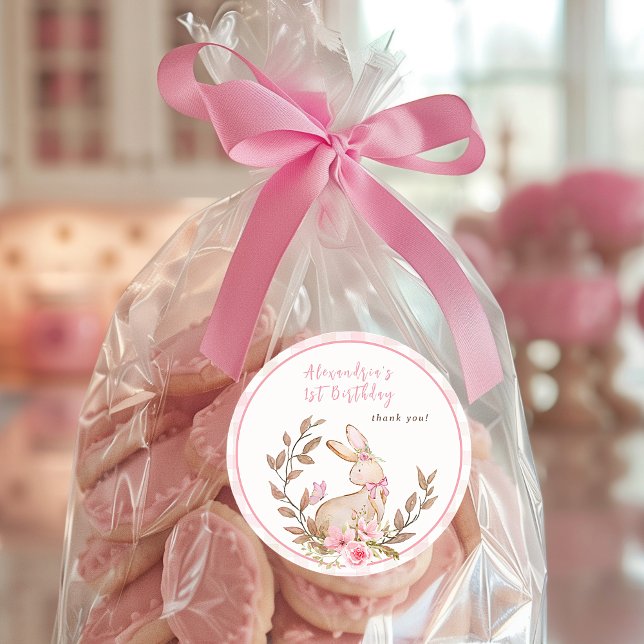 Some Bunny Is Turning One Pink Girl Classic Round Sticker (Cute Bunny Girls 1st Birthday Party. With pink wildflowers. Easily personalize Birthday girl's name.)