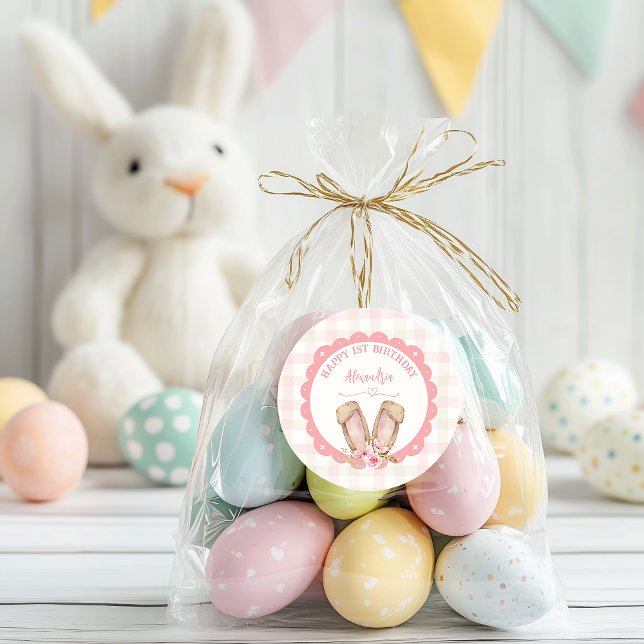 Some Bunny Is Turning One Pink Girl Classic Round Sticker (Cute Bunny 1st Girl Birthday. Pretty Pink Pastels. Easy to personalize name.)