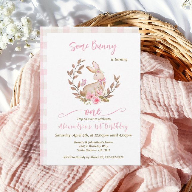 Some Bunny Is Turning One Pink Girl Invitation (Some Bunny is turning one. Girls 1st Birthday pink bunny invitations.)