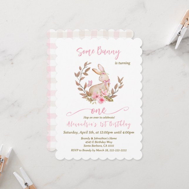 Some Bunny Is Turning One Pink Girl Invitation (Front/Back In Situ)