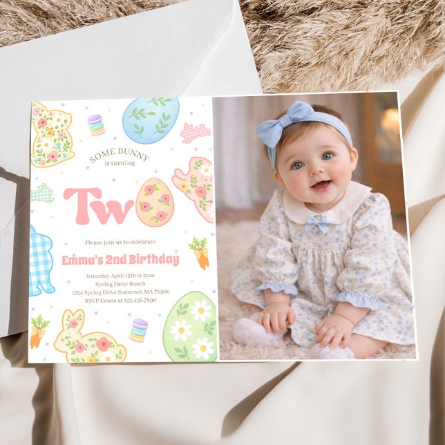 Some Bunny is Turning Two Pastel Birthday Photo Invitation (Creator Uploaded)