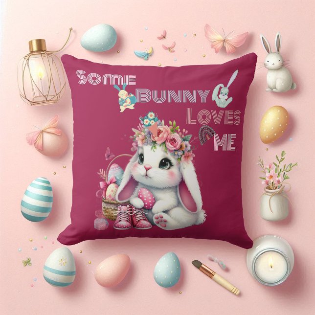Some Bunny Loves Me Whimsical Spring Basket Custom Cushion (Some Bunny Loves Me Whimsical Spring Basket Custom Throw Pillow)