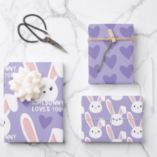 Some bunny loves you Cute hearts Purple Valentine  Wrapping Paper Sheet