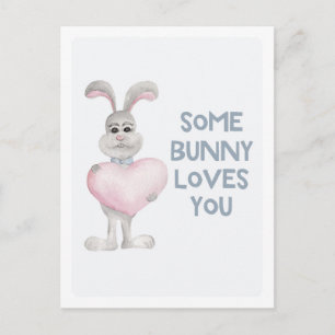 Some bunny loves you. Cute rabbit. Kids valentines Holiday Postcard
