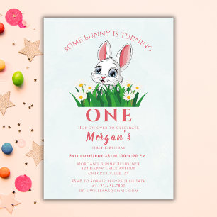Some Bunny One Cute Rabbit Girls 1st Birthday Invitation