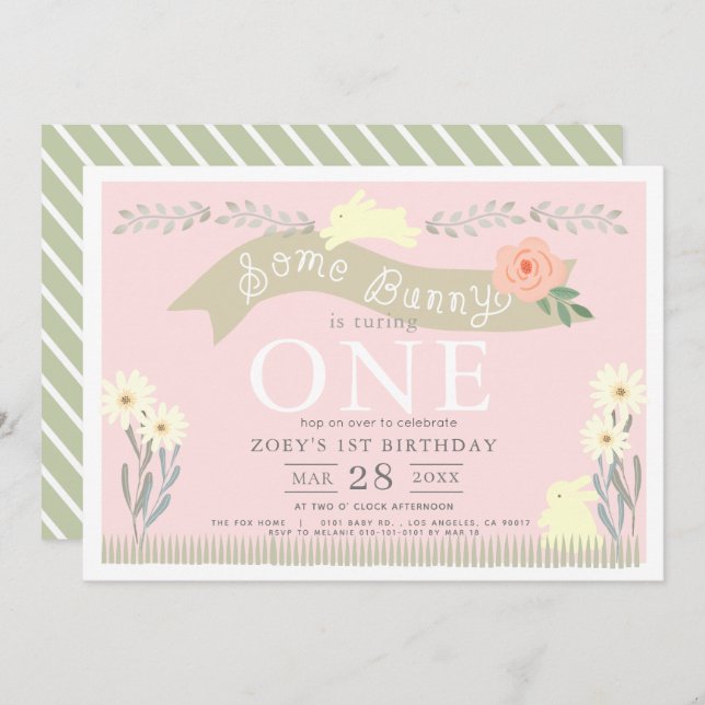 Some Bunny Pastel Pink GIrl 1st Birthday Invitation (Front/Back)