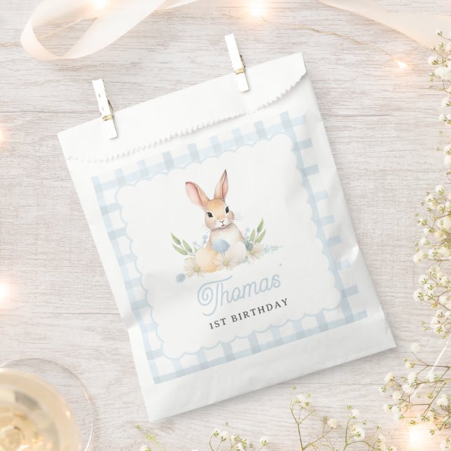 Some Bunny Pastel Spring Blue Gingham 1st Birthday Favour Bag (Clipped)