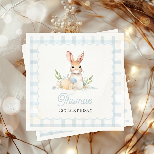 Some Bunny Pastel Spring Blue Gingham 1st Birthday Napkin (Creator Uploaded)