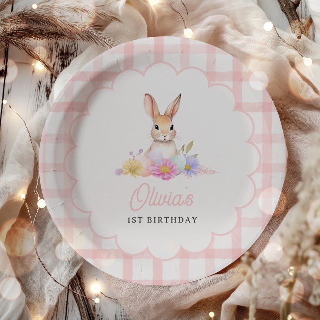 Some Bunny Pastel Spring Pink Gingham 1st Birthday Paper Plate (Creator Uploaded)
