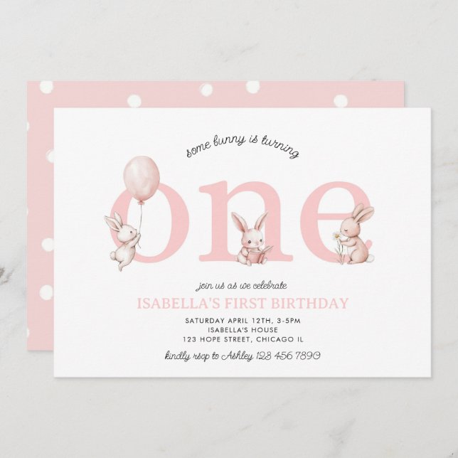 Some Bunny Pink Baby Girl One Easter 1st Birthday Invitation (Front/Back)