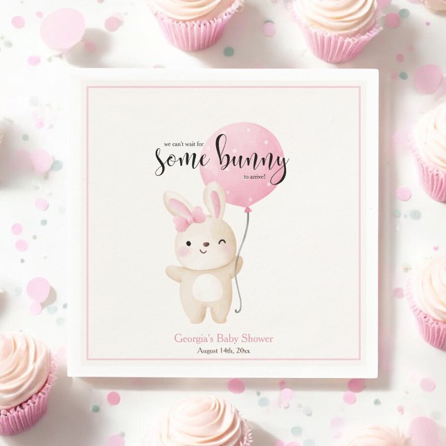 Some Bunny Pink Bow Balloon Bunny Baby Shower Napkin (Creator Uploaded)